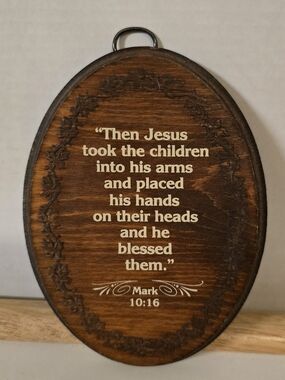 Vintage Fish Enterprises Wood Plaque Mark 10:16 Christian Wall Decor